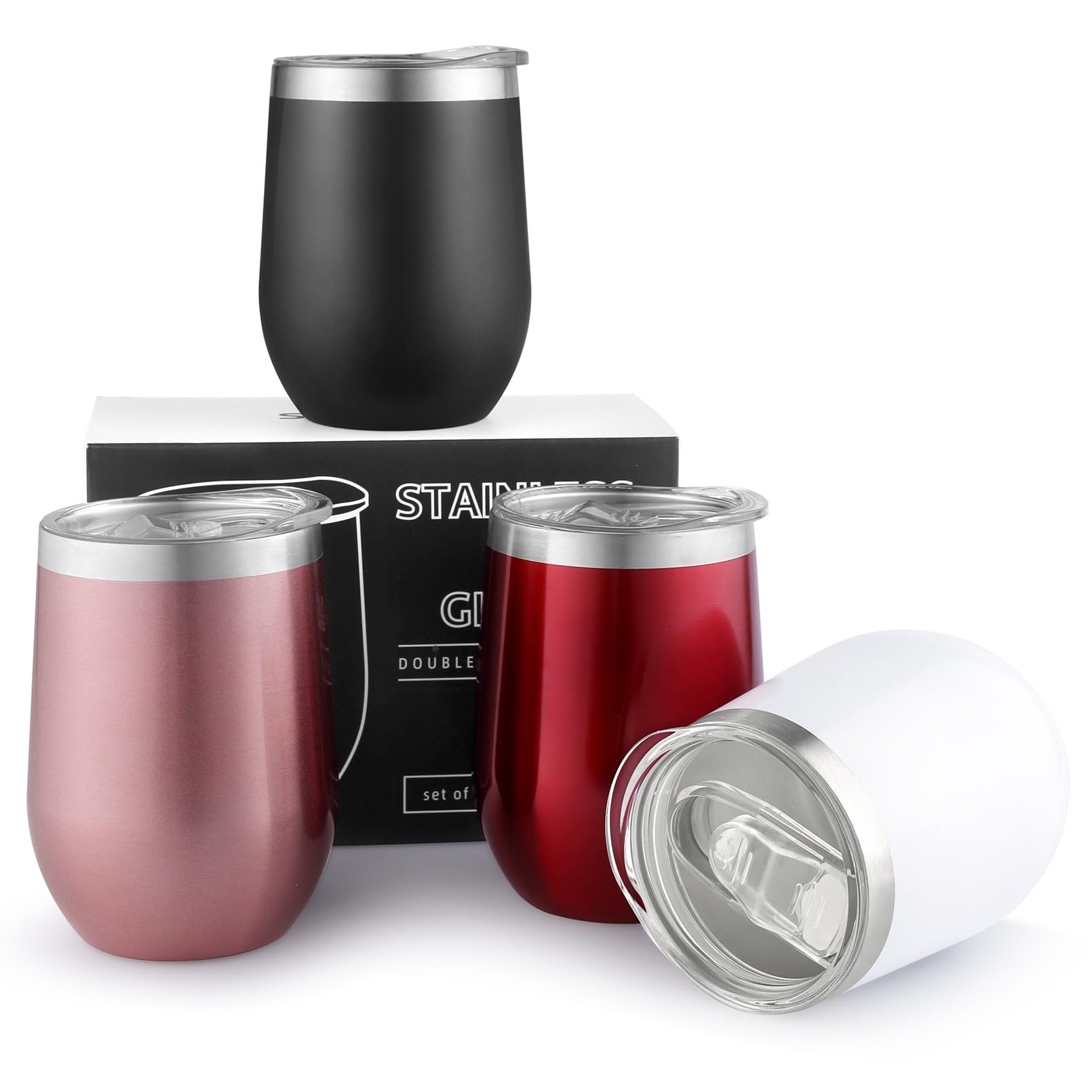 Sivaphe Wine Glasses Tumbler Keep Cold and Hot Camping Cup Insulated Reusable Coffee Cups Stainless Steel Double Walled with Lid 12OZ Set of 4 Black Red White Rose