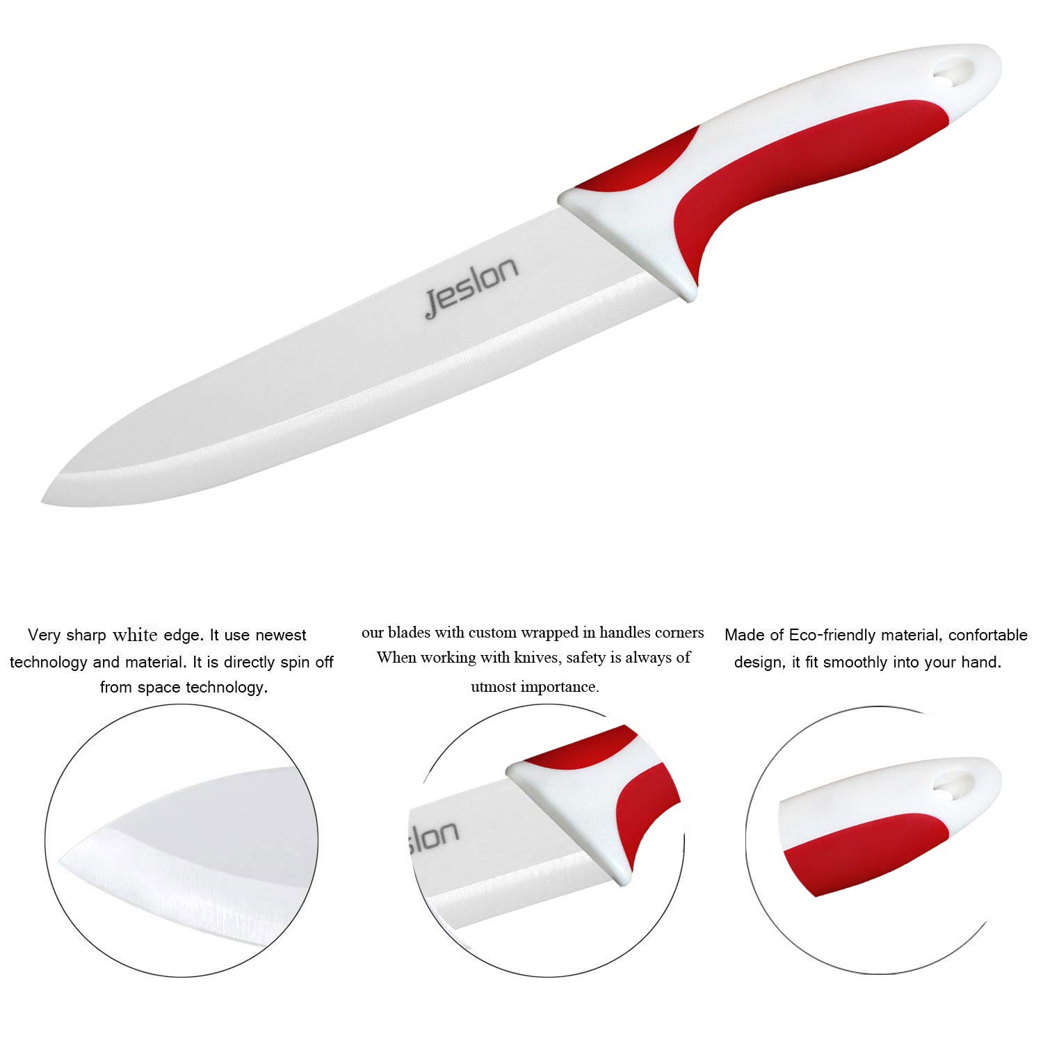 Jeslon Chef Knives Set, 4 Piece Multi Color Ceramic Knives, 3inch Paring Knife, 4inch Fruit Knife, 5inch Utility Knife, 6inch Chef Knife