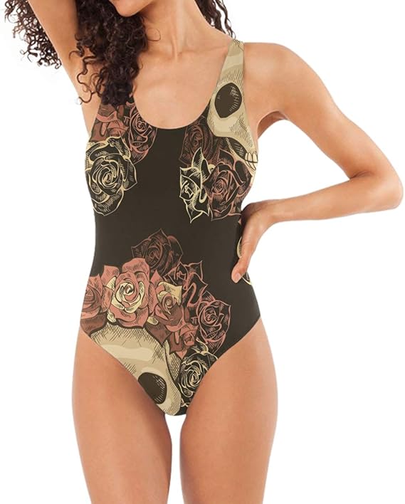 Amazon Co Jp ピンクローズブラックスカル水着モノキニビーチウェア女性用ワンピース水着女の子 服 ファッション小物