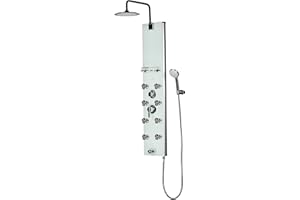 PULSE ShowerSpas 1030 Lahaina ShowerSpa Panel with 9.5" Rain Showerhead, 8 Dual-Function Body Spray Jets, 5-Function Hand Shower, Tub Spout and Glass Shelf, Soft-White with Silver Anodized Aluminum