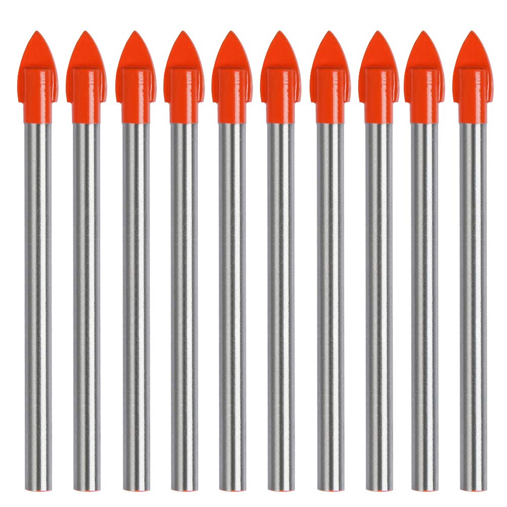 TIMESETL 10pcs Glass Drill Bit - 6mm Tile Drill Bit, 3/16" Round Shank Spear Head for Glass, Tile, Ceramic, Mirror, Porcelain, Marble