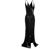 Vijiv 1920s Long Slit Prom Dresses Deep V Neck Sequin Mermaid Bridesmaid Evening Dress