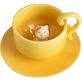 DIHOclub Ceramic Coffee Mug With Saucer 3D Cat Sculpture With Tail Handle - Elegant Office & Gift-Ready Tea Cup for Pet Lovers, Birthday, Christmas (Yellow Cat)