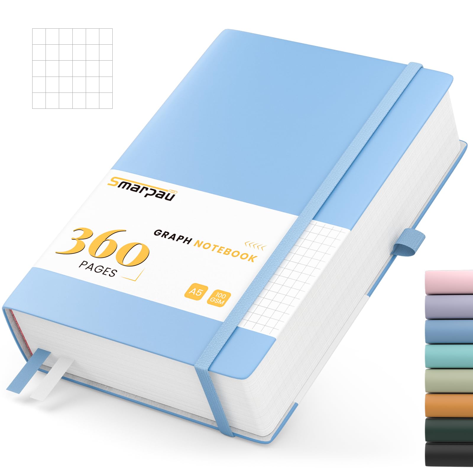 Smarpau A5 Graph Paper Notebook, Squared Notebook 360 Pages 100GSM Thick Paper for Writing, Leather Journal for Women Men Work School Office - 14.5 x 21cm, Light Blue