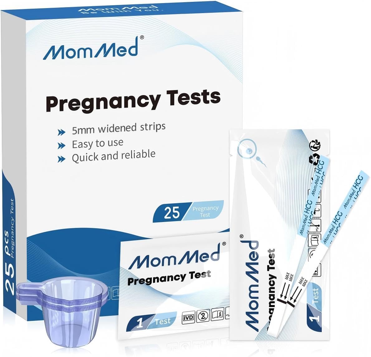 MOMMED Pregnancy Tests(25 MIU/ml), 25 X Pregnancy Test Strips with 25 X Urine Cups, HCG Test Strips Over 99% Accuracy, Individually Packed, Result as Fast as 5 Minutes