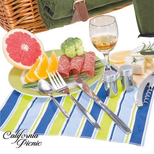 Picnic Basket Set for 4 Person Picnic Hamper Set | Double Lid | Beach Collection | Folding Picnic Blanket Ceramic Plates Metal Flatware Wine Glasses S/P Shakers Bottle Opener Green Lining Picnic Set - Thumbnail 5