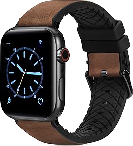 FITWORTH High End Hybrid Band Compatible with Apple Watch Band 42mm 44mm, Silicone + Genuine Leather, Simple, Neat & Sweat Resistant, Suit for Men's Business Casual & Light Sports (Coffee, 42/44)