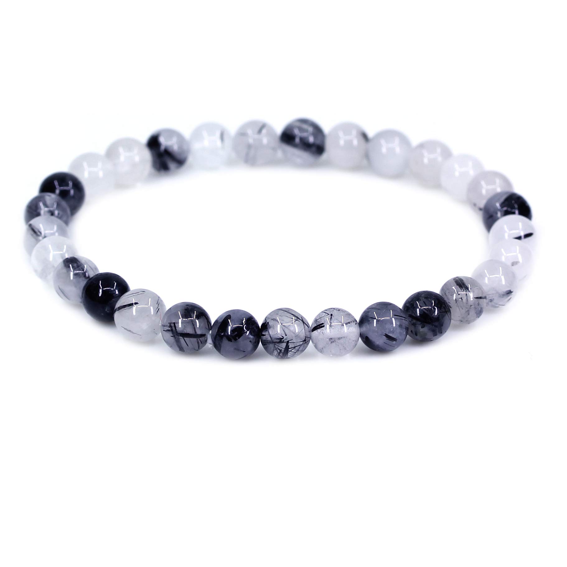 CHENYUE Natural A Black Rutilated Quartzite Gemstone 6mm Round Beads Stretch Bracelet 7 Inch
