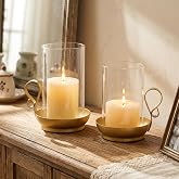 Inweder Hurricane Glass Candle Holders: Gold Candle Holder Set of 2 | with Clear Glass Sleeve Decorative Metal Pillar Stand for Christmas Fireplace Mantel Dining Table Centerpiece Wedding Decor