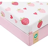 VivaCozy Baby Crib Sheets Girl, Toddler Bed Sheets Fitted for 52x28 Inch Standard Crib Mattress for Baby Girls, Set of 2 Super Soft Breathable Microfiber (Strawberry+Pink, 52x28 Inch (Pack of 2))