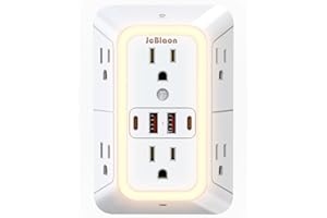 JCBLAON Wall Outlet Extender with Night Light, Power Plug Adapter 6 Outlet Extender with 4 USB Charging Ports 1050J Power Strip Multi Plug Adapter Spaced for Home Travel Office (2U2C)