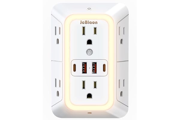 Wall Outlet Extender with Night Light, Power Plug Adapter 6 Outlet Extender with 4 USB Charging Ports 1050J Power Strip Multi