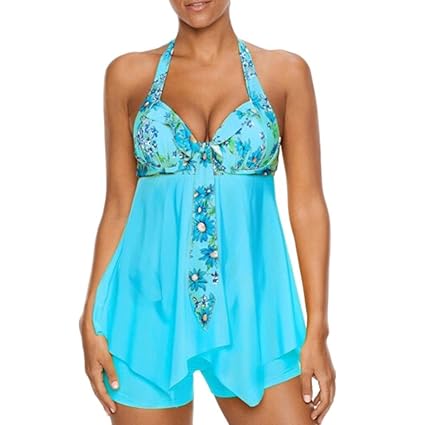 OverDose Damen Halfter Blumendruck Übergröße Bikinis Tankini Swim Kleid Badeanzug Beachwear gepolsterte Bademode Frauen Plus 