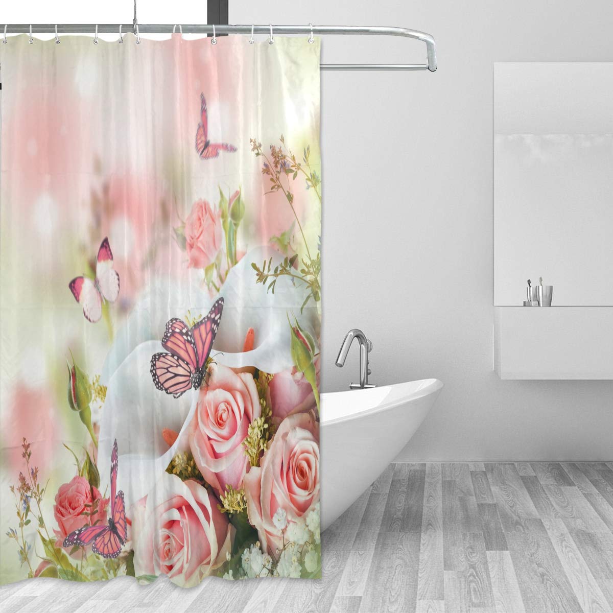 ALAZA Shower Curtain, Flowers And Butterflies Pink Bathroom Waterproof Polyester Curtains Accessories With Hooks For Home Decorative (167cm x 183cm)