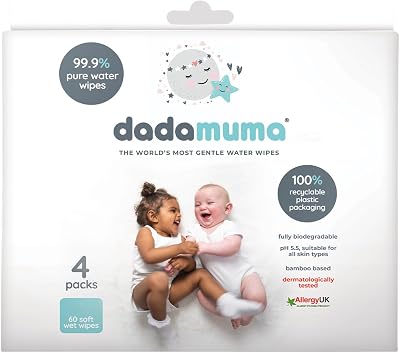 Dadamuma 99.9% Pure Water Baby Wipes 4x60 Allergy UK Approved