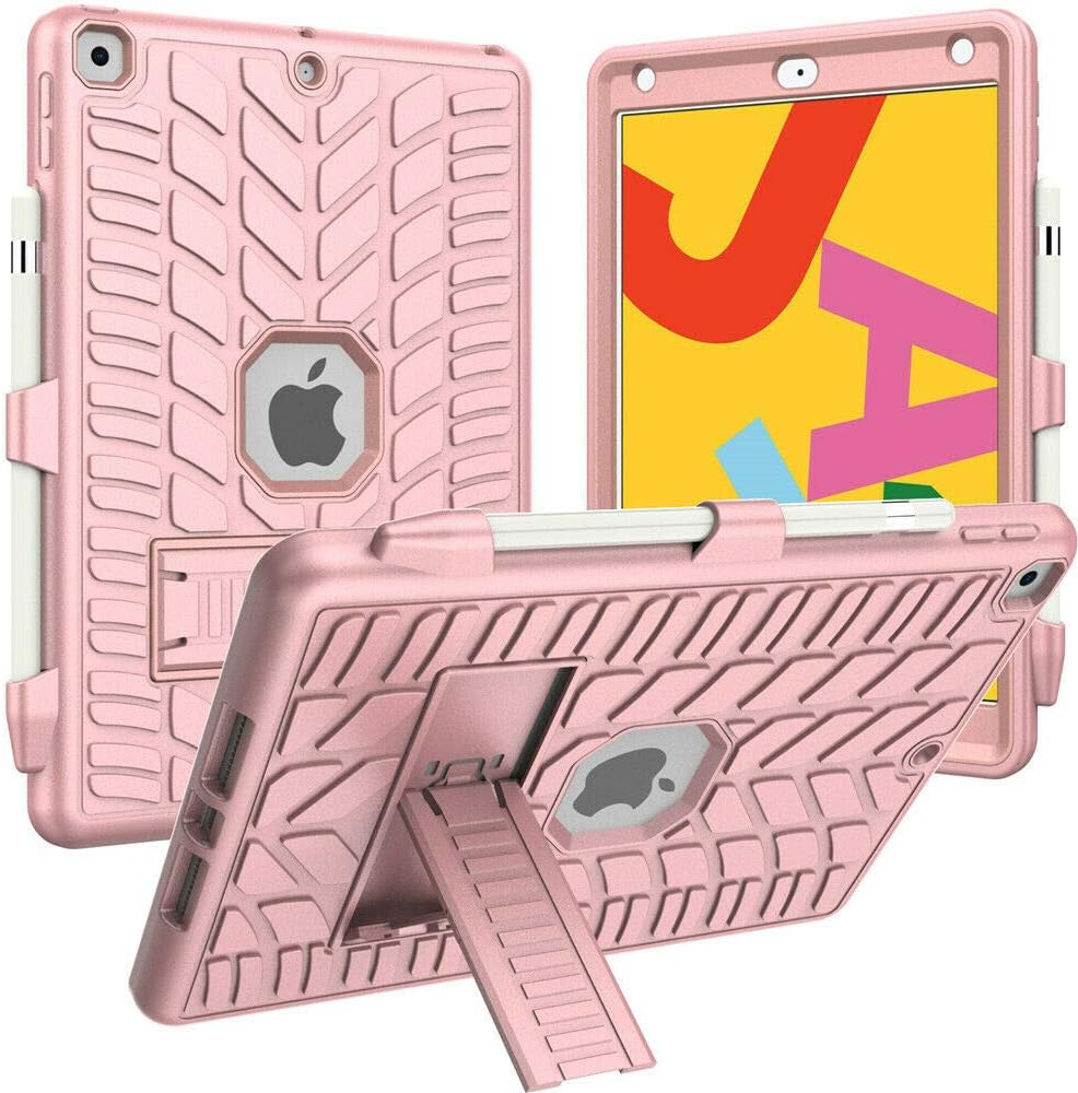 amhello iPad 7th Generation 10.2 2019 Case with Pencil Holder and Plastic Screen Protector,Heavy Duty Shockproof Hard Durable Rugged Protective PC Case with Built in Stand - Rose Gold