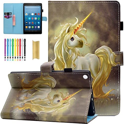 Amazon Fire HD 8 Tablet Case, Casii Ultra Slim Cute Premium Leather Flip Case Smart Magnetic Wallet Cover Folio Stand with Auto Sleep/Wake for Kindle Fire HD 8 (2016/2017 Release), Golden Unicorn
