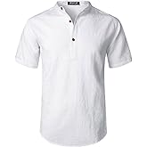 JEMITOP Men's Summer Lightweight Cotton Linen Shirts Casual Short Sleeve Breathable Banded Collar Henley for Beach Vacation