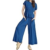 Flowy Sets Women 2 Piece Outfits–Boho Two Piece Lounge Sets for Women Summer Pants Set with Smocked Ruffle Top Wide Leg Pants