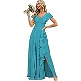 CuteMe Chiffon V Neck Bridesmaid Dresses for Women Flutter Sleeve Corset Ruffled Long Formal Dress with Slit CC016