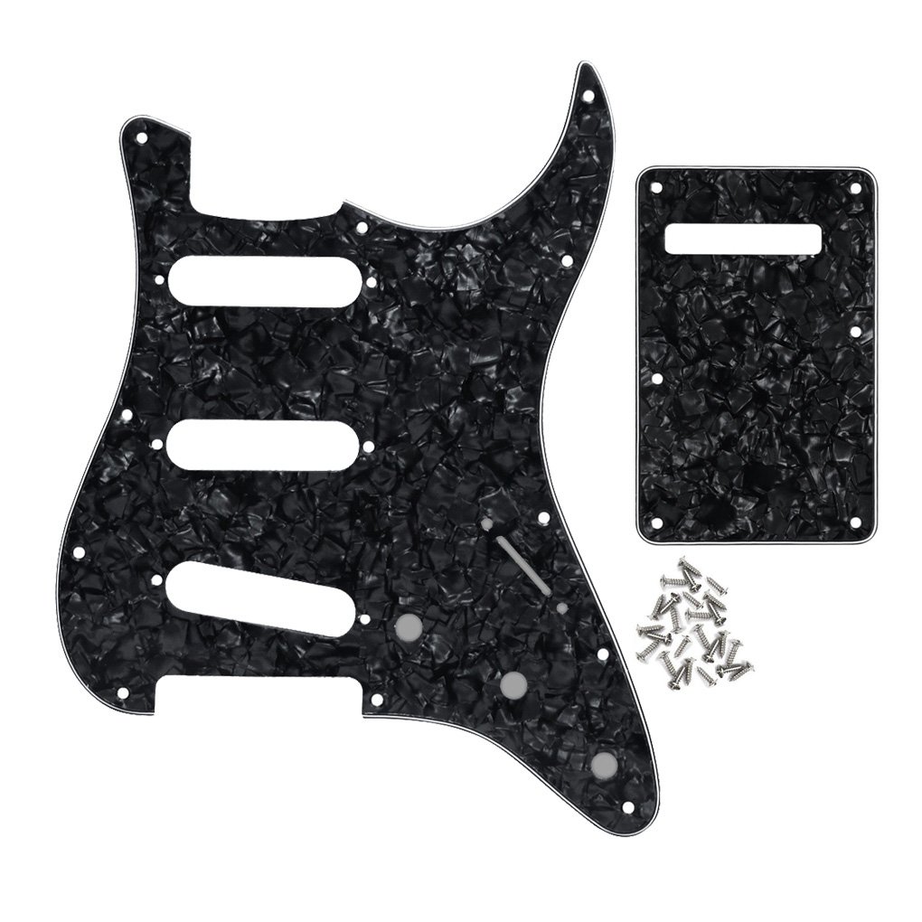 FLEOR Set of 11 Holes SSS Style Pickguard and Tremolo Cavity Cover Back Plate with Screws for US/Mexican Standard ST Guitar Parts,4Ply Black Pearl