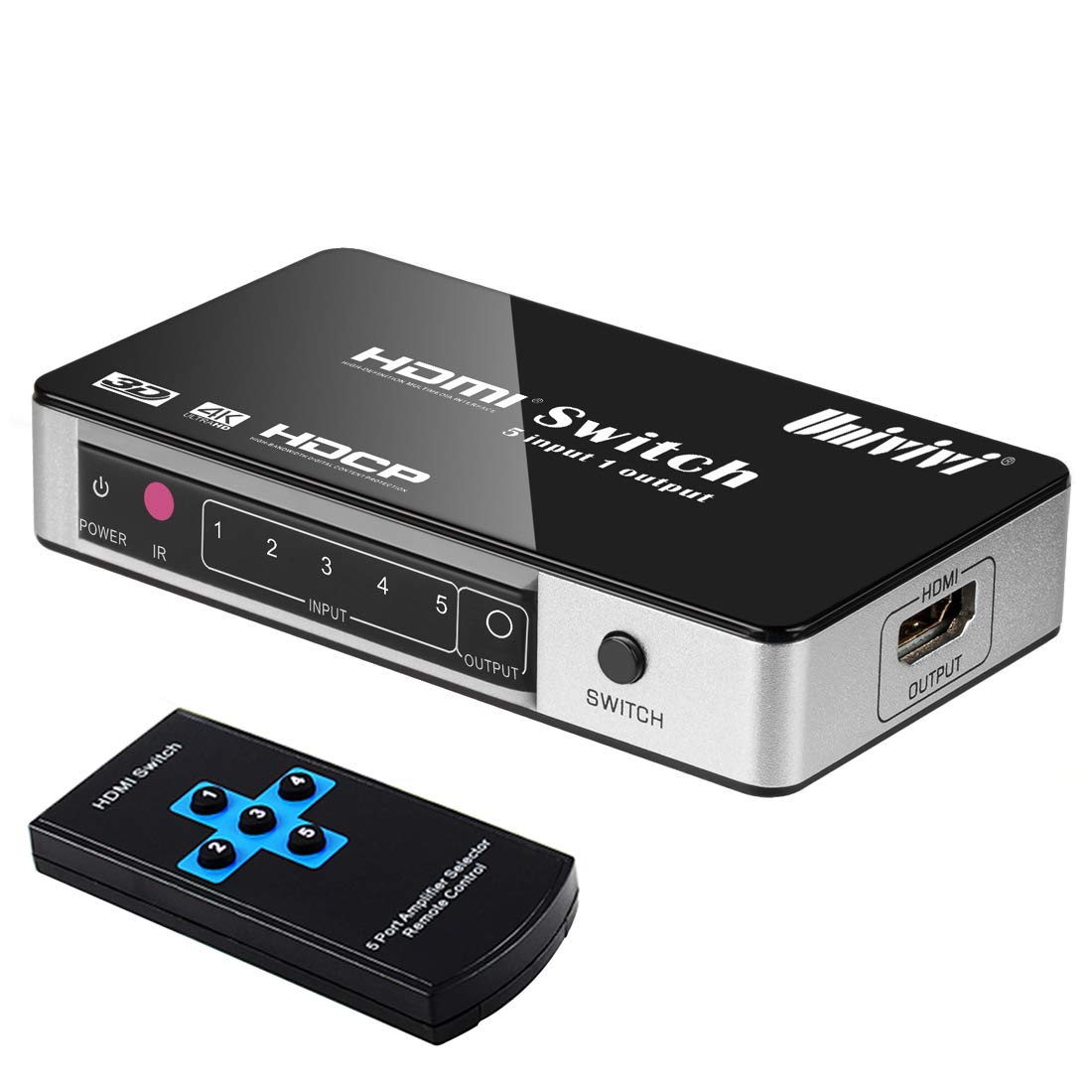 Univivi HDMI Switch 4K 5 Port 5x1 HDMI Switcher Splitter Box Support 4Kx2K Ultra HD 3D with Remote Control and Power Adapter