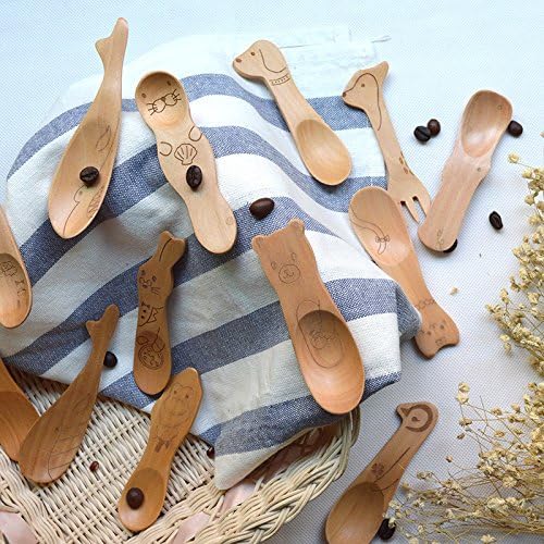 BPA Free Wooden Spoon and Fork for Children Wooden Cute Animal Cutlery Set 4.5 Inches, Set of 5