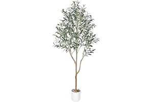 SCHENKERO Artificial Olive Tree with Elegant White Pot, Realistic Faux Plant for Indoor/Outdoor Use, Natural Wood Trunk & Fau