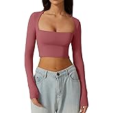 QINSEN Women's Sexy Square Neck Crop Top Long Sleeve Slim Fit Cropped T Shirts