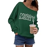 UNIQUEONE Christmas Sweatshirts for Women off Shoulder: Merry Crewneck Sweater Xmas Long Sleeve Pullover Top