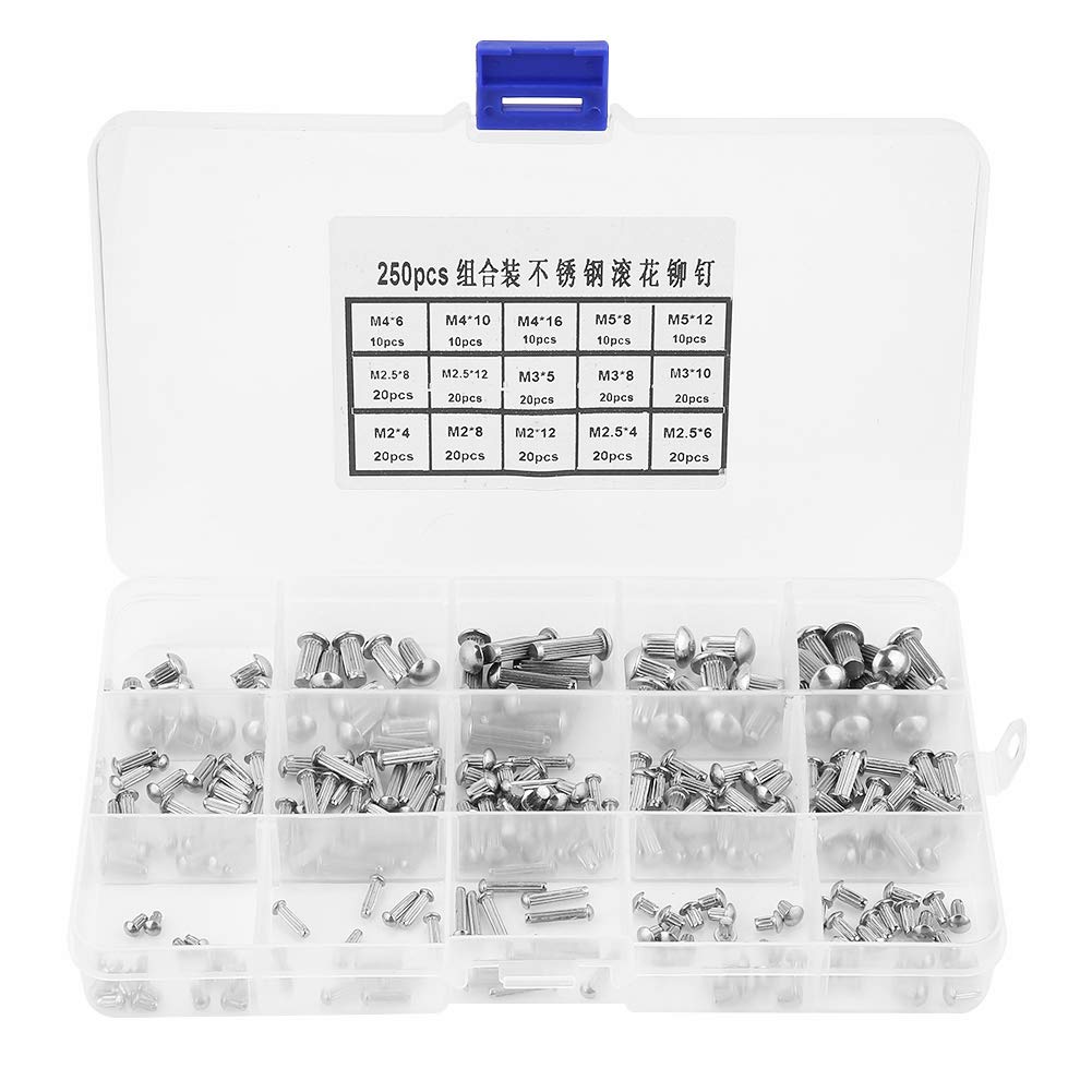 Akozon Round Solid Rivets Assortment Set of Head Knurled Shank 250pcs M2-M5 of Stainless Steel material
