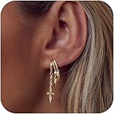 Gold Dangle Earrings for Women,Dainty 14k Gold Plated Triple Huggie Stud Earrings Statement Cross Chain Earring Dainty Moon Star Drop Earrings for Women Trendy Gothic Jewelry Unique Gifts Stuff