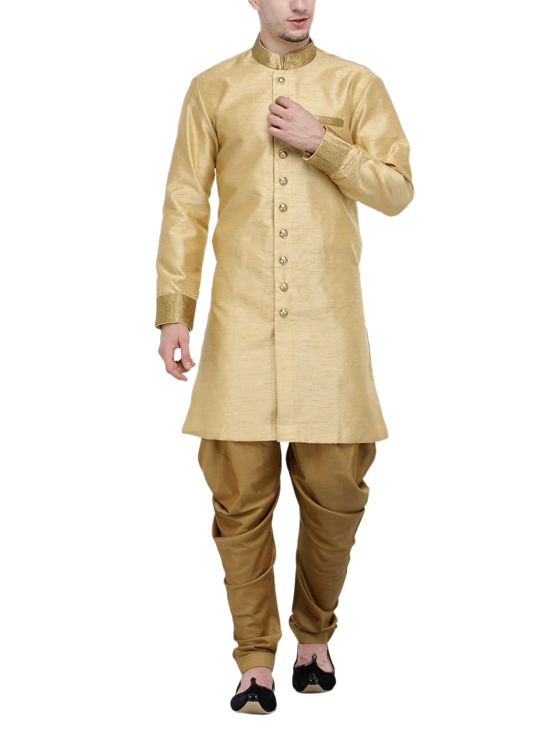 rg designers beige and gold plain sherwani for men
