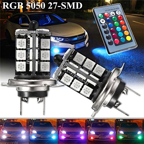 2PCS LED Fog Lights Bulbs, dingdangbell RGB 5050 27SMD 7 Color Car Headlight Fog Light Lamp Bulb with Remote Control (H7)