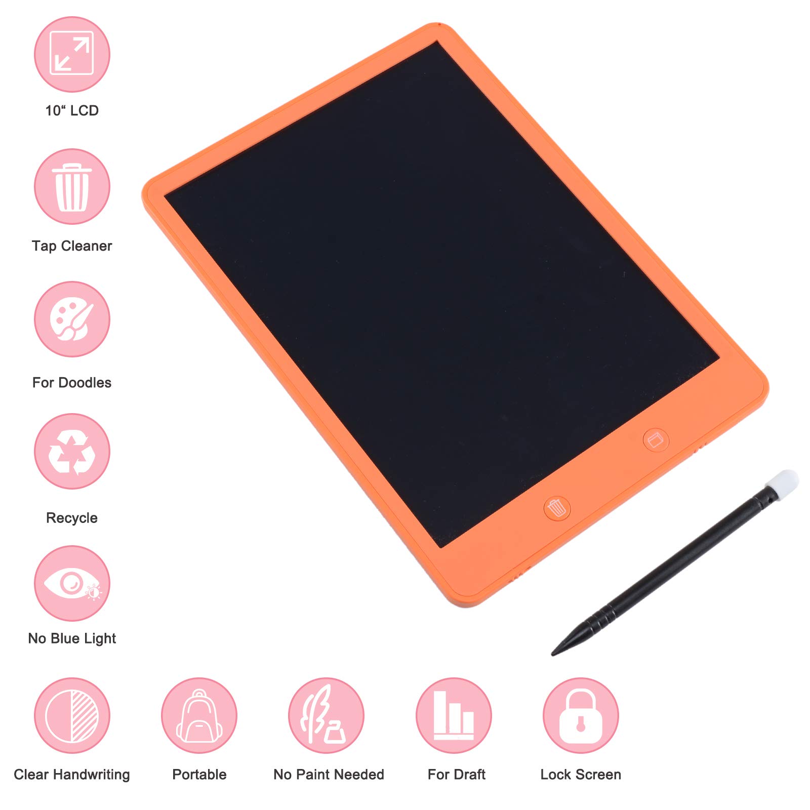 Voilamart Writing Tablet, 10inch LCD Ewriter Digital Writing Board with Memory Lock Partial Delete Function Electronic Graphics Pad for Kids Adults (Orange)