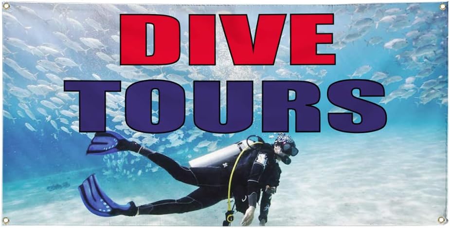 Vinyl Banner Multiple Sizes Dive Tours C Outdoor Advertising Printing Business Outdoor Weatherproof Industrial Yard Signs 4 Grommets 16x40Inches
