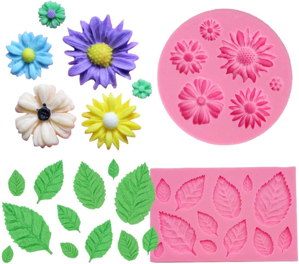 BAKHUK 2pcs Flower Fondant Candy Mold, Daisy and Leaves Collection Silicone Fondant Mold for Chocolate, Sugercraft Cake Decoration Kit, Polymer Clay, Soap Wax Making Craft Set