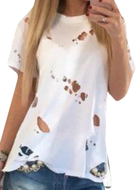 Amazon Genericレディースファッション基本的なショートスリーブ穴快適なトップスシャツ カラー ホワイト シャツ ブラウス 通販