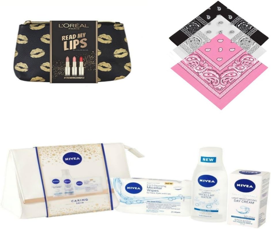 Ideal Valentines day Gifts for her for Ladies Girlfriend,Mum,Daughter / 13 Pieces Present incl Ladies L'oreal Lipsticks,Make up bag,White Designer wash bag,Buckingham Bandanas