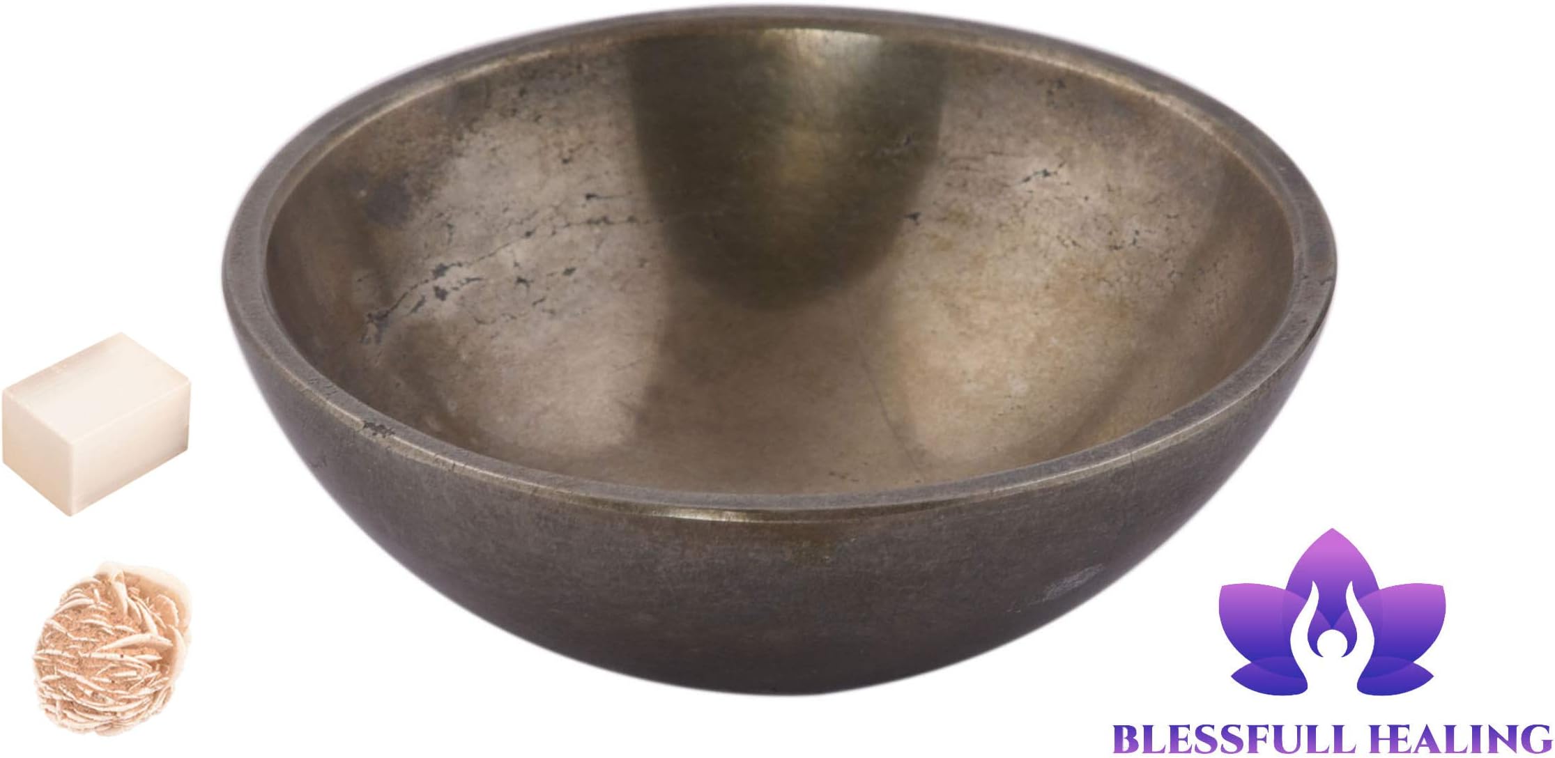 Handmade Carved Golden Pyrite Stone Feng Shui Bowl Spiritual Energy Generator Reiki Gift Healing Crystal Charged 3 Inches Approx with Rose Desert Selenite/Selenite Cube-Blessfull Healing