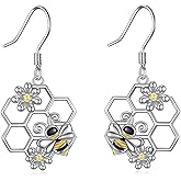 Hancock Bee Earrings Sterling Silver Honeycomb Dangle Drop Earrings Daisy Bee Jewelry Gifts for Her Women