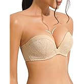YBCG Push Up Strapless Plunge Bra with Clear Straps Convertible Lace Padded Add 2 Cups Underwire Low Cut for Women