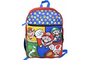 Bioworld Super Mario 16" Kids Backpack – Colorful Cartoon School Bag with Front Pocket & Side Mesh, Lightweight Travel Backpa