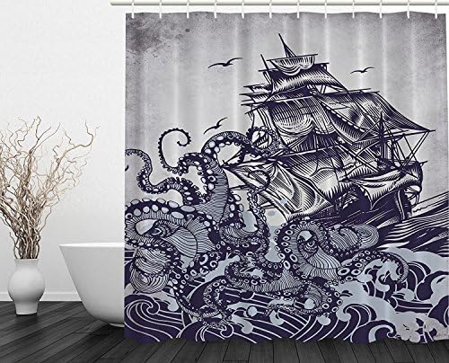 CHARM HOME Sail Boat Waves and Octopus Old Look Home Textile European Style Bathroom Decoration Luxurious Cozy Lovely Decor Pleasing Peculiar Design Hand Drawing Effect Fabric Shower Curtain (Blue)