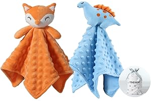 CREVENT Cozy Plush Baby Security Blanket, Loveys for Baby Girls and Boys, Birthday (Fox + Dinosaur)