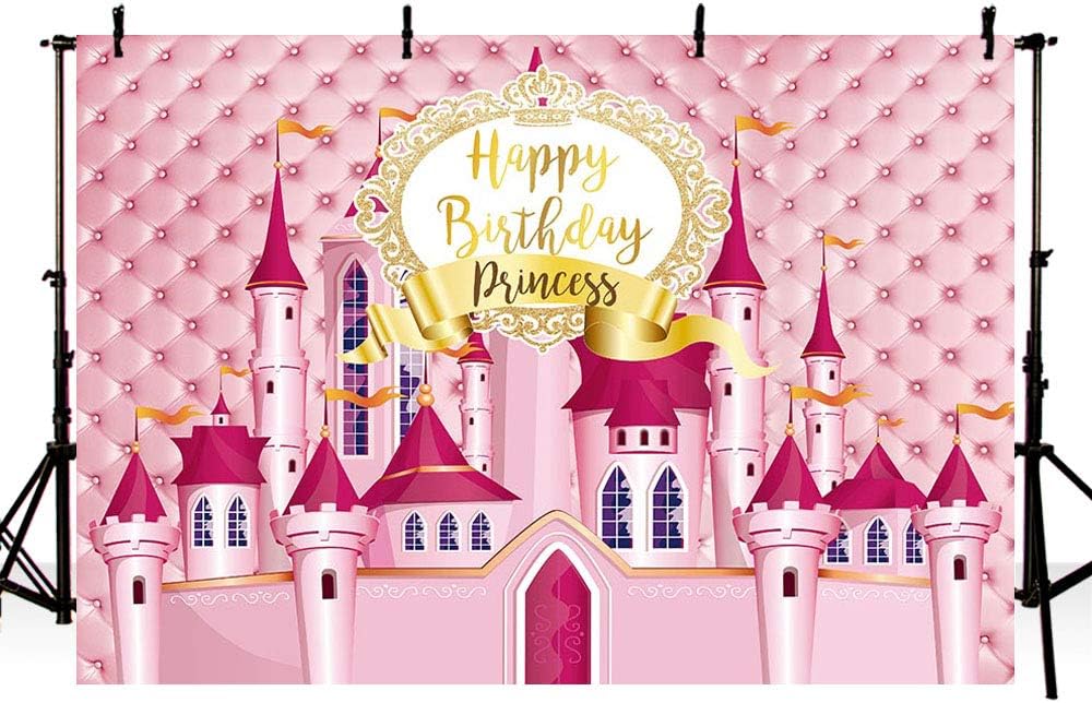 MEHOFOTO 7x5ft Princess Castle Birthday Photo Studio Booth Background Pink Headboard Girl Gold Birthday Border Photography Backdrops Banner for Dessert Table Supplies