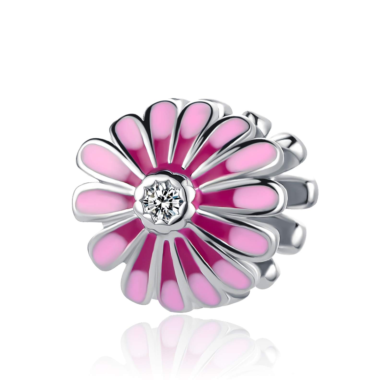SBI Jewelry Pink Daisy Flower Charm for Bracelet Clear April Birthstone Bead Women Mum Sister Grandma Family Birthday Christmas