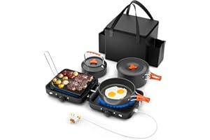 Hisencn Camping Stove,2 Burner Propane Stove,20000 BTU/h Camping Cooking set Includes Frying Pan,Kettle and Pot,Adjustable Burners & Piezo Ignition,Portable stove for camping Outdoor,Black
