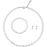 Elunix 6mm Faux Pearl Jewelry Set for Women & Girls - Necklace, Bracelet & Stud Earrings with Sparkling Rhinestones