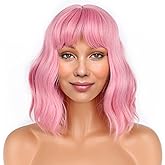 LANICE Short Bob Pink Wigs with Bangs for Women Loose Wavy Hair Shoulder Length Wigs Synthetic Colorful Wigs for Cosplay Daily PartyUse(Pink,12inch)